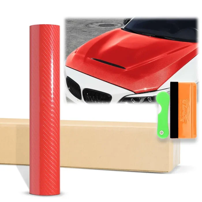 12‘X60‘ (1Ftx5Ft) Red 7D Carbon Fiber Textured High Gloss Vinyl Wrap Auto Car Sticker Decal Film Sheet Bubble Free Air Release Technology With Tool Kit