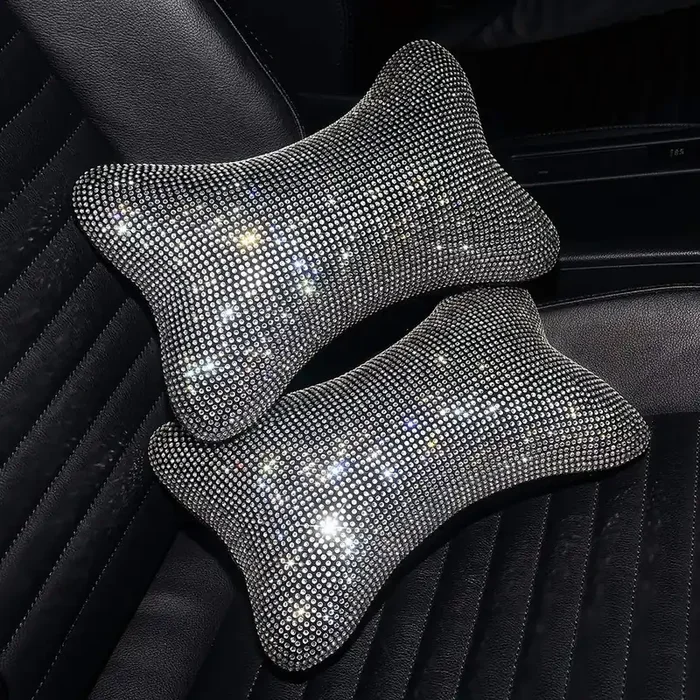 2 Pack Car Neck Pillow For Driving Seat Auto Headrest Cushion Head Rest Neck Support Relax Crystal Rhinestone Diamond Interior B