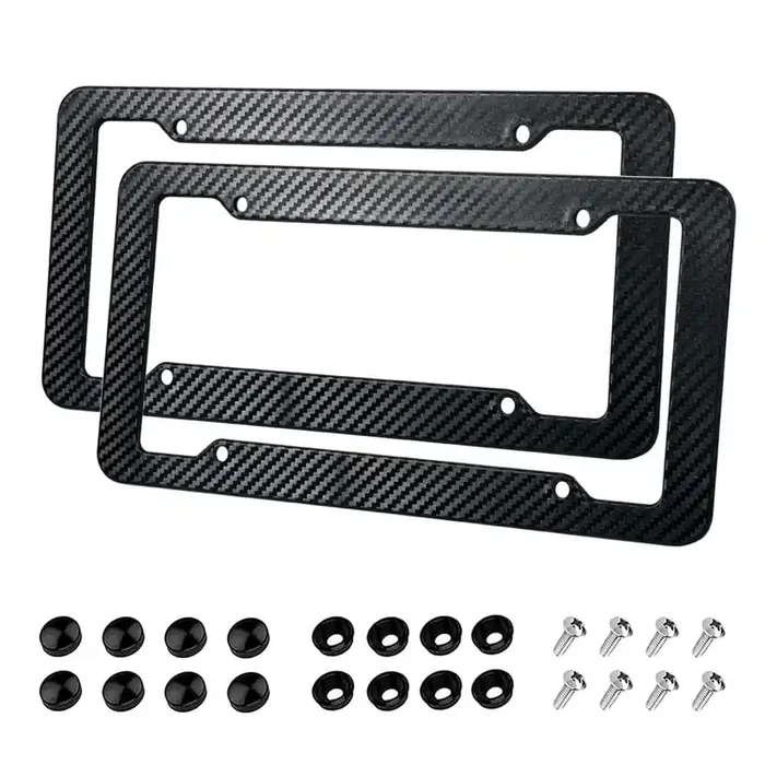 2 Pack License Plate Frames,Carbon Fiber License Plate Frame,Car Tag Cover For Front & Rear With Fasteners And Screws,4 Hole Universal Holder Waterproof Plastic Number Plate Frame
