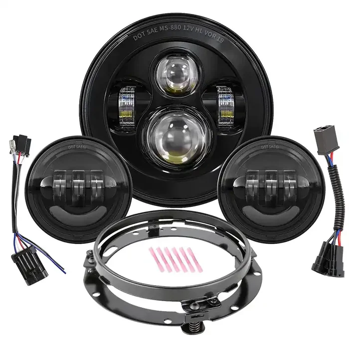 7 Inch Round Led Headlight Bulb Kit With 4.5 Inch Passing Lamps Fog Lights Mounting Ring For Street Glide Ultra Classic Road King Electra Glide Heritage Softail Slim Deluxe Fatboy Tri Cvo (Black)