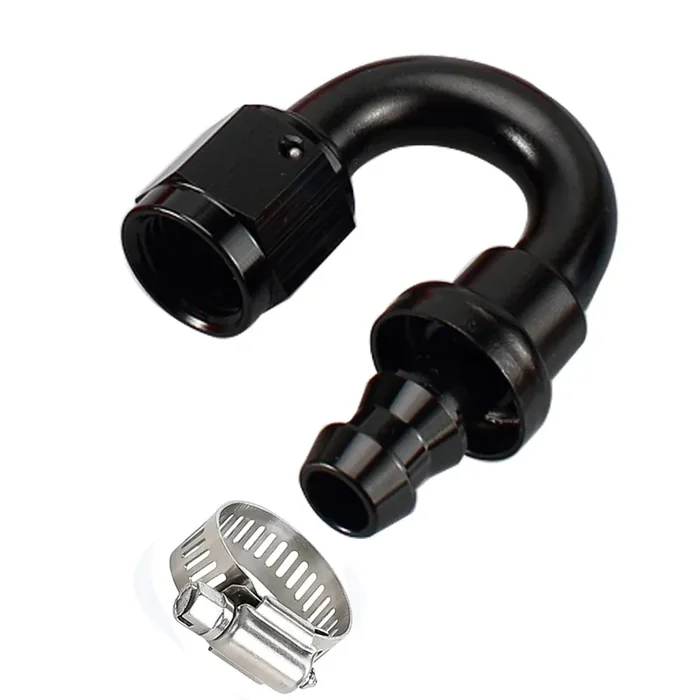 Ac Performance 180 Degree Female -6 An To 3/8‘‘ Push Lock Hose End Barb Fitting Aluminum Black With Clamp