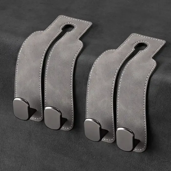 Amelity Car Purse Hooks, Headrest Hooks For Purses And Bags, Car Seat Hooks, Car Seat Back Double Hook Leather (Grey-2 Pack)