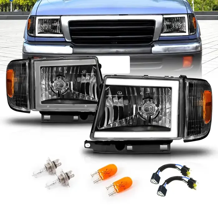 Amerilite For 1997-2000 Toyota Tacoma 2Wd Pickup Led Tube Black Reaplcement Headlights + Corner Light Set – Passenger And Driver Side