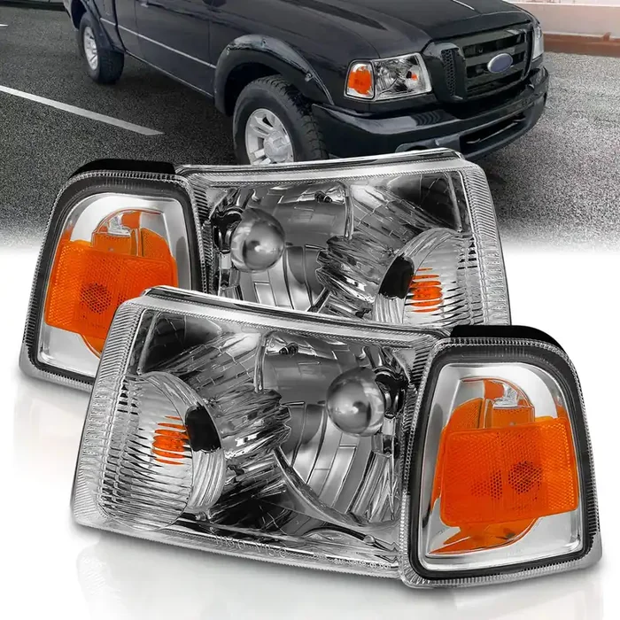 Amerilite For 2001-2011 Ford Ranger Pickup Truck Chrome Factory Oe Style Replacement Headlights Assembly Corner Lamp Combo Set – Driver And Passenger Side