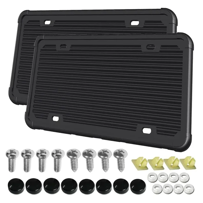 Aootf Black License Plate Frames-2 Pack Silicone License Plate Cover Front & Rear Tag Slim Holder With Screws, Screw Caps, With