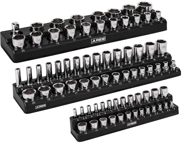 Ares 60034-3-Piece Black Metric Magnetic Socket Organizer Set – Includes 1/4-Inch, 3/8-Inch, And 1/2-Inch Socket Holders – Holds