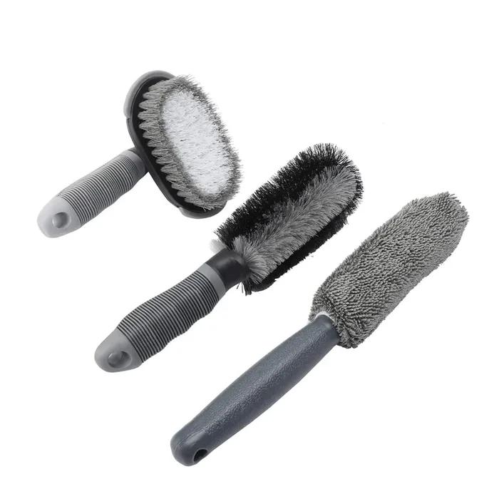 Auinland Car Wheel Cleaner Brush Kit, 1 Wire Flocking Wheel Cleaning Brush, 1 Rim Wash Brush, 1 Contoured Scrub Tire Shine Brush