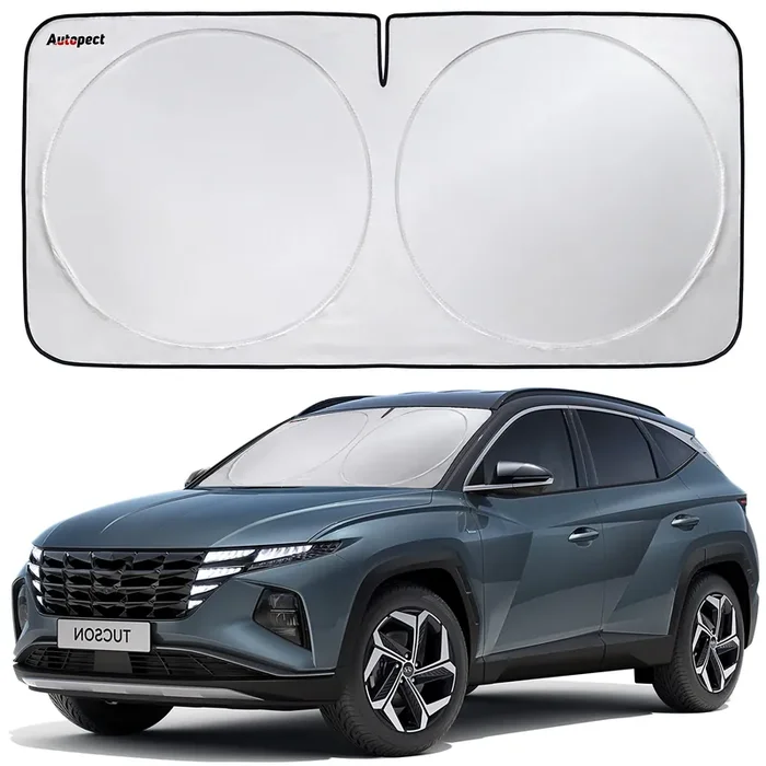 Autopect Car Windshield Sun Shade, Foldable Sun Blocker For Truck, Suv Automotive Interior Sun Protection, Reflective Car Shade For Front Windshield With Mirror Cut-Out Keeps Car Cool (Large)