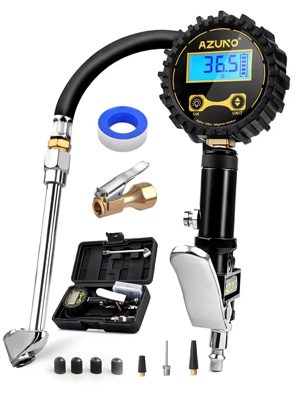 Azuno Digital Tire Inflator With Pressure Gauge, 200 Psi, Heavy Duty Air Compressor Accessories, With Rubber Hose Lock On Air Ch