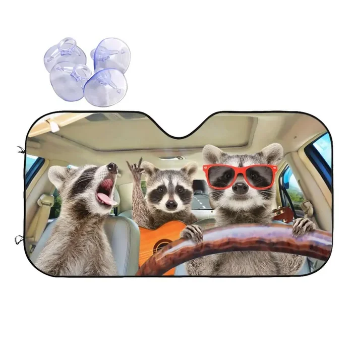Begarm Three Funny Raccoons Animals Windshield Sun Shade For Car Suv Truck(51‘‘ X 27.5‘‘) Front Window Sun Shade Visor Shield Cover (Upgrade Hardened)