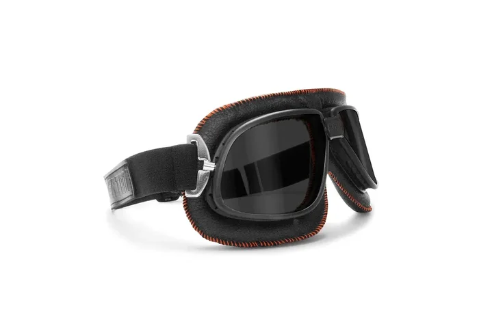 Bertoni Vintage Motorcycle Goggles Dark Lenses Black Leather W Orange Stitching Italy Af196A Motorbike Aviator Goggles