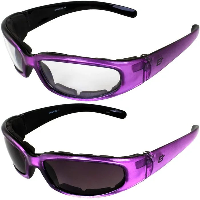 Birdz 2 Pairs Of Eyewear Chill Women‘S Padded Motorcycle Sunglasses, Purple Frames With Clear & Super Dark Lenses