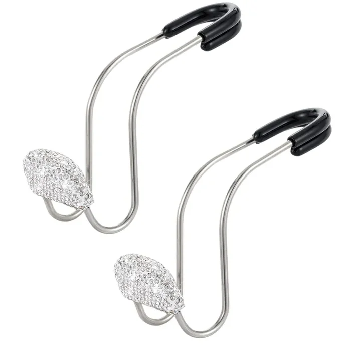 Bling Car Headrest Hook, 2Pcs Auto Headrest Hooks, Bling Car Accessories, Universal Auto Back Seat Headrest Metal Hanger Organizer Vehicle Holder For Bag Purse Clothes Grocery. ( Silver )