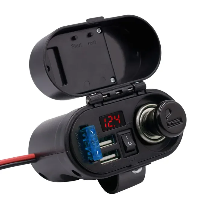 Bluefire 5V/3A Dual Usb Charger Socket Waterproof Motorcycle Handlebar & Rear View Mirror Clamp Power Adapter Charger With Cigarette Lighter Socket, Voltmeter For Phones/Tablets/Gps (Black 1)
