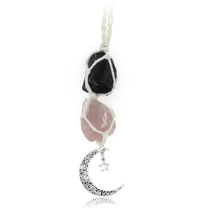 Boho Garden Hanging Car Charm – Black Tourmaline & Rose Quartz – Dangling Moon, Healing Crystal Accessories, Rearview Mirror Decorations – Grounding, Confidence, Protection, Love, Self-Worth, Energy