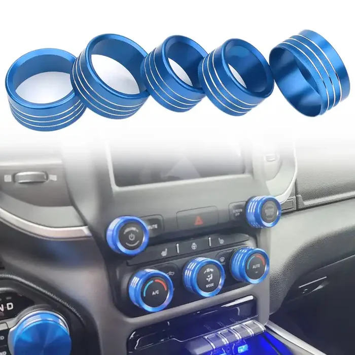 Bolaxin For Dodge Ram Accessories 2019 2020 2021 Interior Control Knob Cover Ac/Volume/Mode/Auto/Browse Switch Decor Button Ring Trim (Blue, 5Pcs)