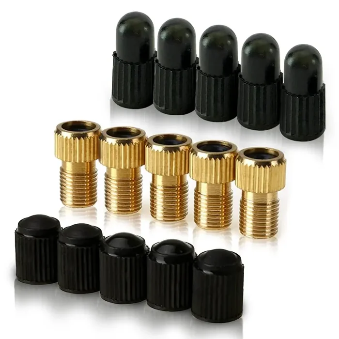 Brass Presta Valve Adaptor (Pack Of 5 + 10 Caps) – Convert Presta To Schrader For All Types Of Bikes, E-Bikes, And E-Scooters –