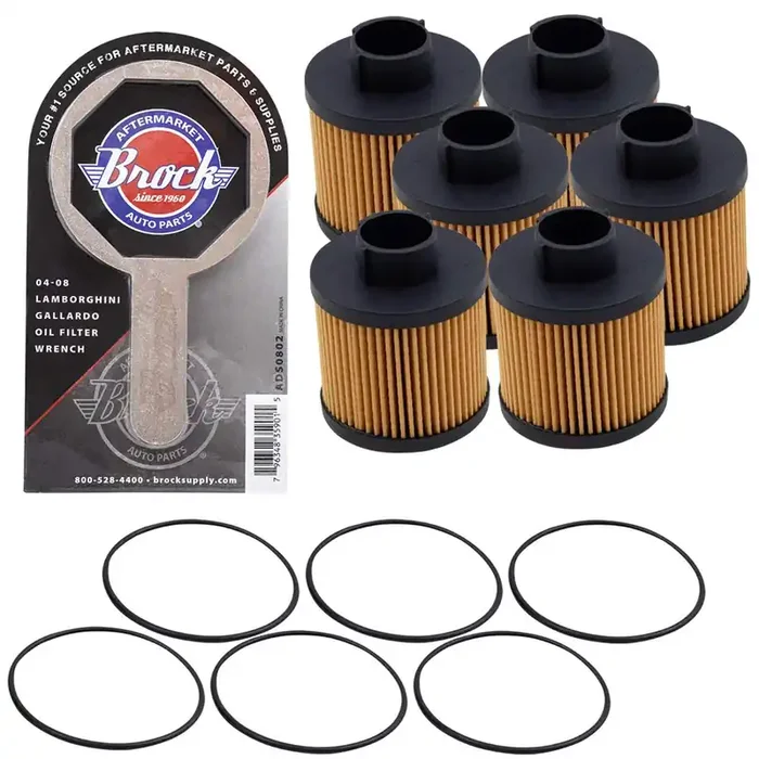 Brock Replacement 6 Pc Oil Filters With Wrench Tool Set Kit Compatible With 2004-2008 Gallardo Spyder Coupe Superleggera Se Base