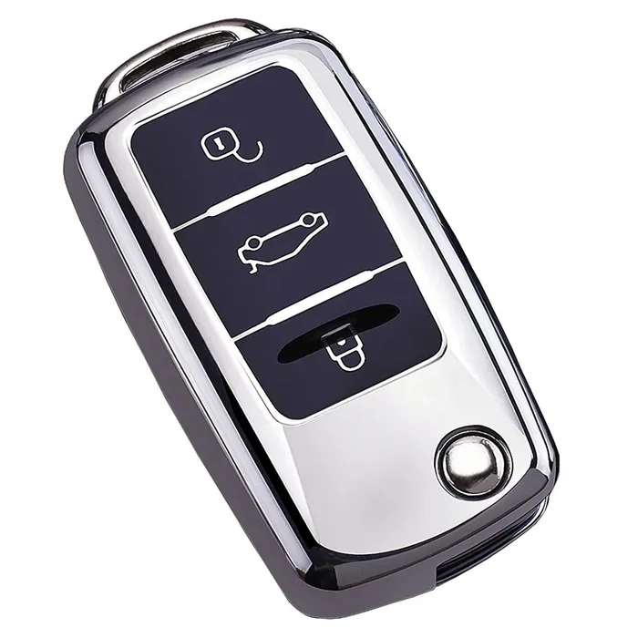 Cacacar For Vw Volkswagen Key Fob Cover, Premium Soft Tpu Full Protection Key Fob Case For Vw Jetta Golf Polo Mk6 Passat Tiguan Beetle Key Cover (Silver)