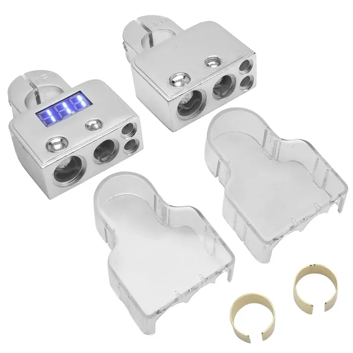 Car Battery Terminal, Car Battery Terminal Connectors Kit With Digital Voltmeter Display Stardand 0/4/8/10 Awg Gauge(B(Sliver))