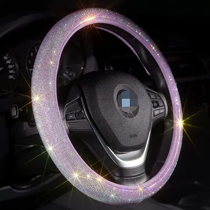 Car Fuzzy Bling Steering Wheel Cover For Women Purple, 15 Inch Universal With Colorful Diamonds Rhinestone Cute Accessories Crys