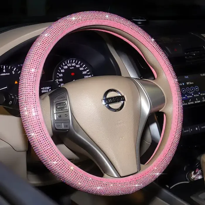 Car Sparkly Rhinestone Steering Wheel Cover Pink For Women Girls Cute Bling Colorful Diamonds Anti-Slip Wheel Protector, Small S