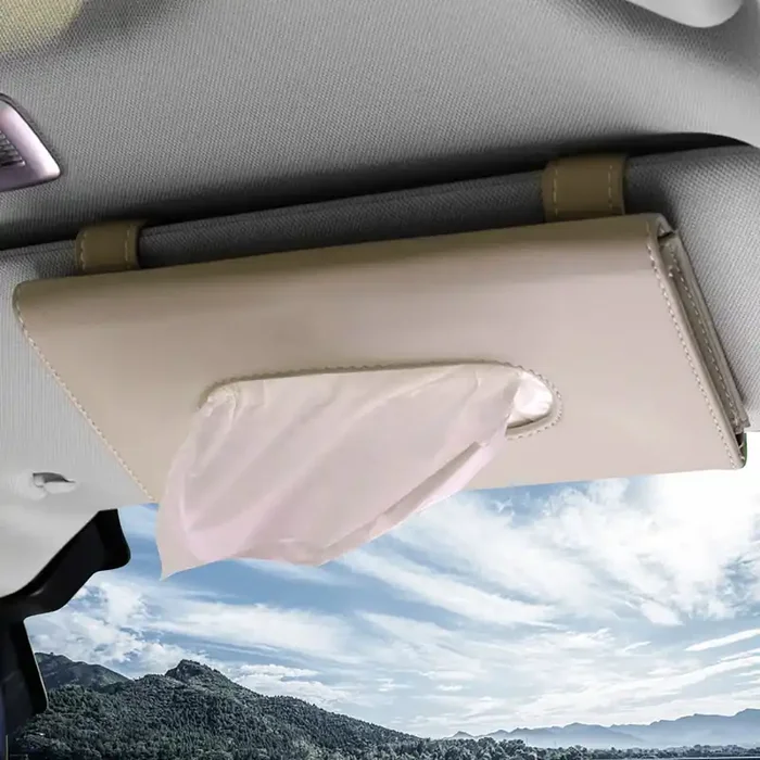 Car Tissue Holder,Tissue Mask Holder For Car, With A Bag Tissue Free, Universal Khaki Pu Leather Car Sun Visor Tissue Paper Stor