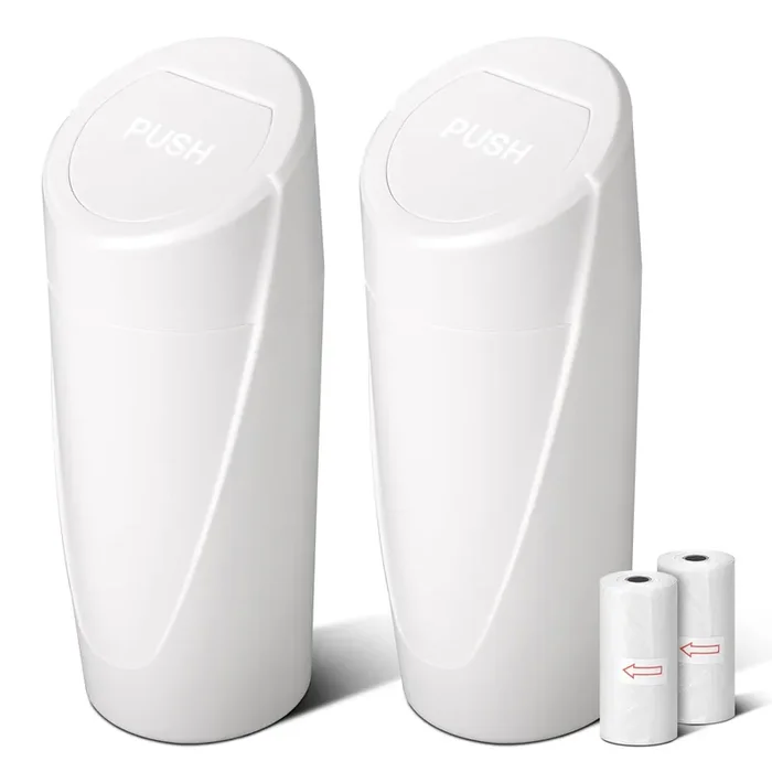 Car Trash Can Bin With Lid – 2 Packs Car Garbage Can Cup Holder – White Mini Leakproof Vehicle Trash Garbage Can Bin With 40Pcs