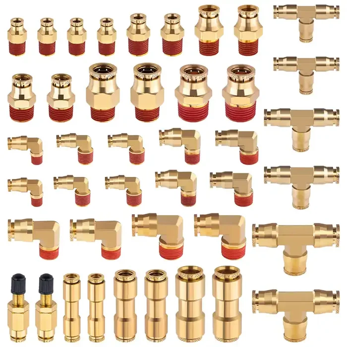 Cheemuii 43 Pcs Brass Dot Air Brake Line Fittings 1/4‘ 3/8‘ 1/2‘ Push To Connect Fittings Quick Connect & Npt Thread Tube Air Hose Fittings Repair Kit For Truck Or Industrial Air System