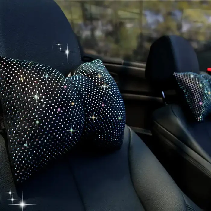 Chulian 2 Pcs Bling Car Pillow, Rhinestones Bowknot Neck Pillow, Car Headrest Neck Cushion Pillows, Sleeping Travel Support Neck