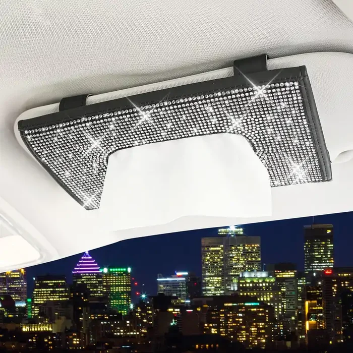 Chulian Bling Car Sun Visor Tissue Box Holder,Crystal Sparkling Napkin Holder,Pu Leather Backseat Case Accessories For Women, Bl