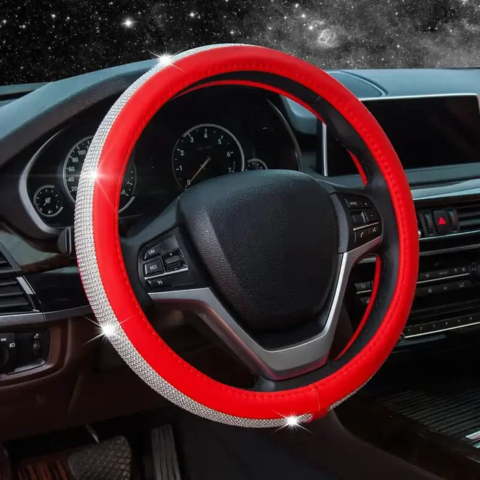 ChuLian Red Diamond Leather Steering Wheel Cover, Bling Crystal Rhinestones, Universal 15 Car Wheel Protector for Women & Girls
