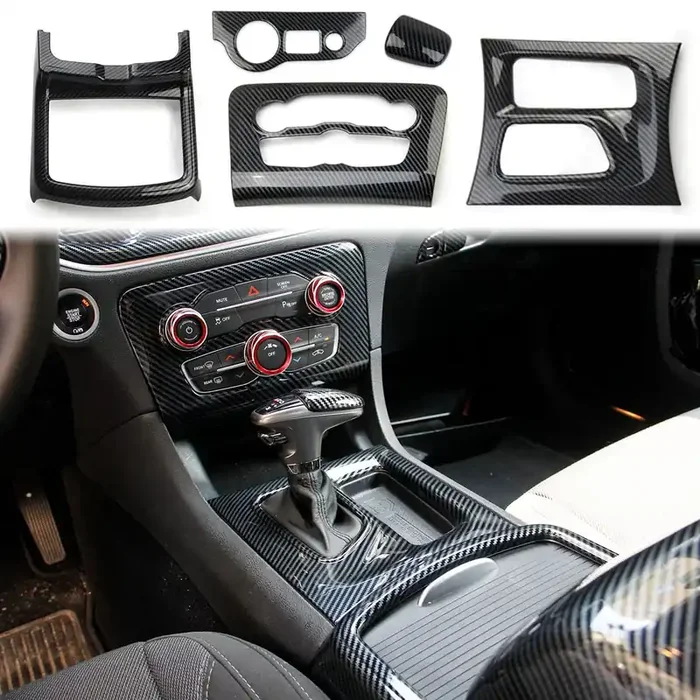 Crosselec Carbon Fiber Central Control Ac Gear Shift Cup Holder Headlight Switch Button Panel Cover Trim 5Pcs For Dodge Charger 2015-2022