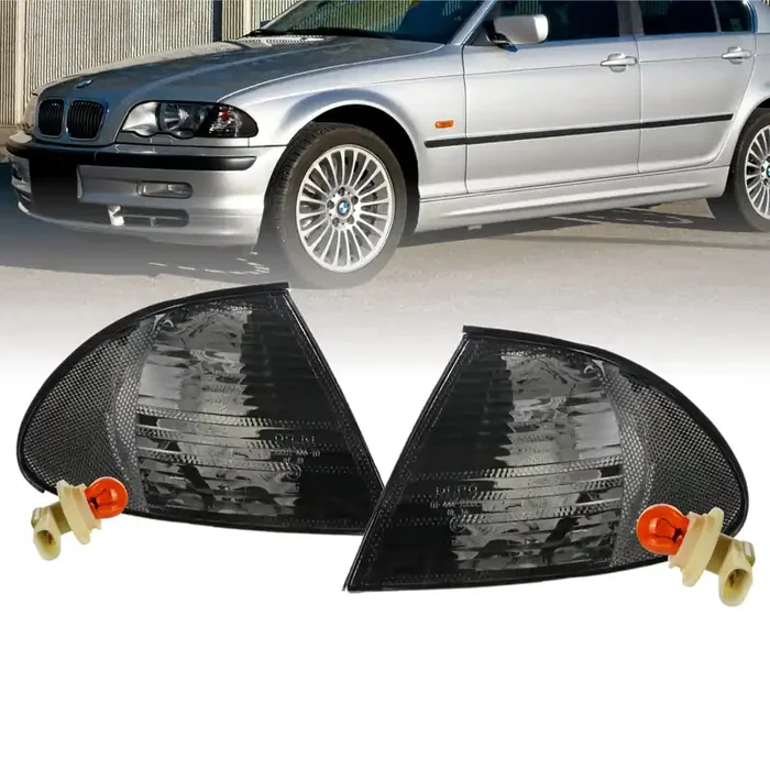 Depo 99-01 E46 4D Cornering Lights – Oe Euro Smoke Corner Turn Signal Lamps Set (Left + Right) Compatible With 1999-2001 Bmw E46 3 Series 4 Doors Sedan And 5 Doors Wagon (Smoked Lens W/ 2 Amber Bulbs)