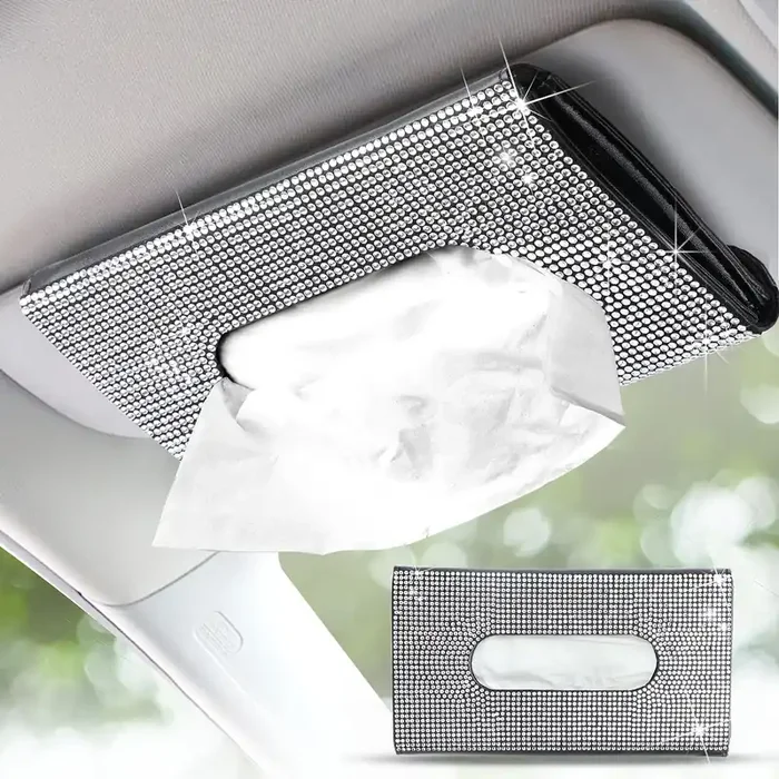 Econour Bling Car Sun Visor Tissue Holder Crystal Glitter Paper Towel Holder Pu Leather Case Mask & Tissue Dispenser Blin