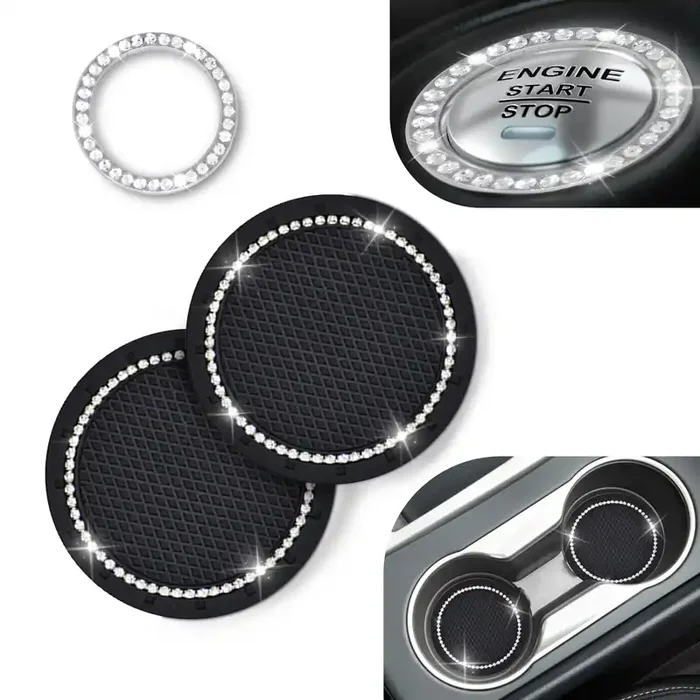 Econour Car Cup Coasters (2 Pack) Car Push Start Button Bling (1 Pack) Car Cup Holder Coaster Crystal Rhinestone Car Interior Accessories 2.75 Inch Universal Anti-Slip Coasters