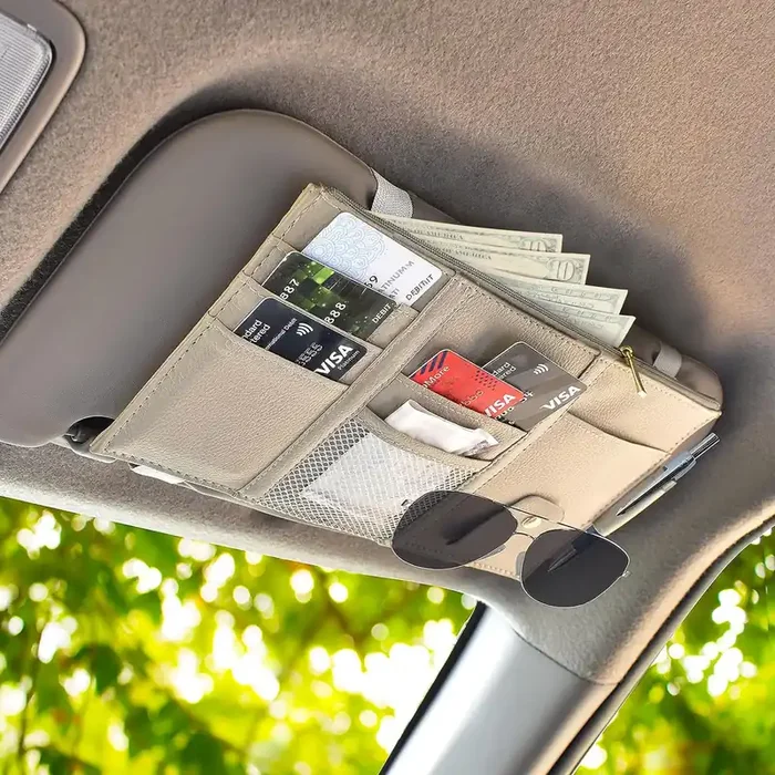 Econour Car Sun Visor Organizer (Beige) Automotive Interior Accessories Visor Organizer Sunglass Holder With Multi-Pocket Net