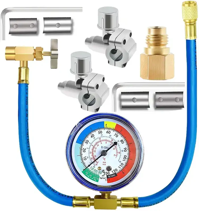 Fanovo R134A Refrigerator Freon Recharge Hose Kit, R134A Ac Refrigerant Charging Hose Gauge, Bullet Piercing Valve Hose Refriger