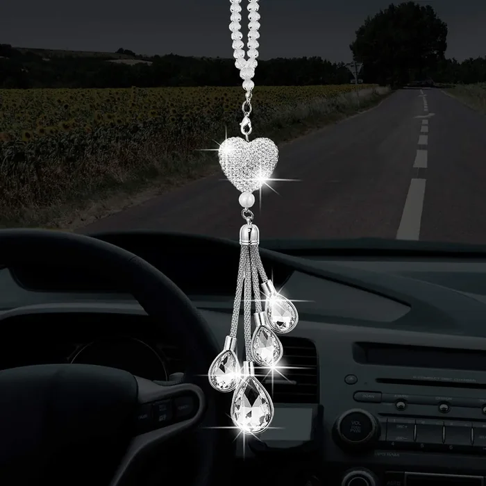 Frienda Bling Heart Diamond Car Accessories For Women, Crystal Car Rear View Mirror Charms Car Decoration Valentine‘S Day Gifts Lucky Hanging Interior Ornament Pendant(White, 9.8 Inch)