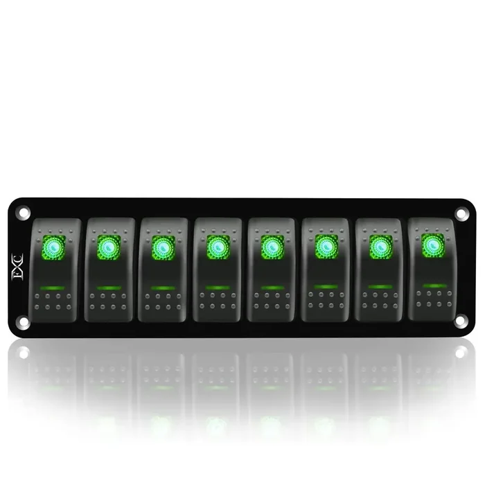Fxc Green 8 Gang Rocker Switch Aluminum Panel Toggle Dash On/Off Pre-Wired Switches Panel Waterproof For 12V/24V Automotive Cars