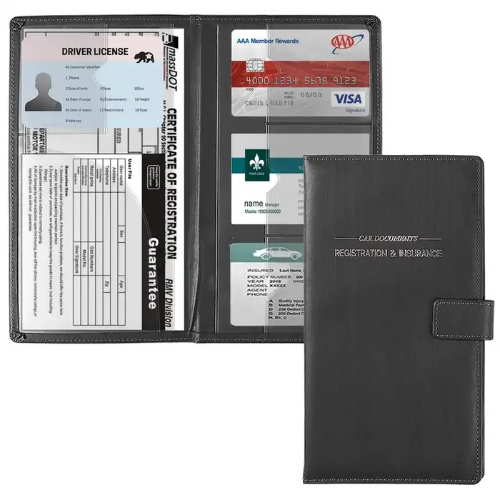 GNEGNI Dark Gray Leather Car Registration and Insurance Card Holder, Vehicle Document Organizer with Magnetic Closure for License & Cards