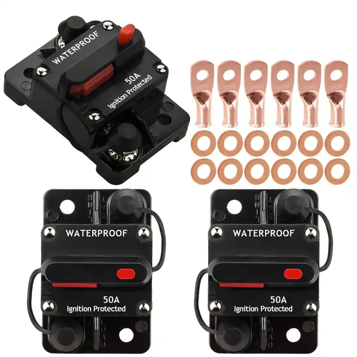 Hamolar 3 Pack 50A Auto Car Stereo Audio Circuit Breaker Fuse 12-48Vdc Manual Reset Button Switch Fuses, With Wire Lugs Copper W