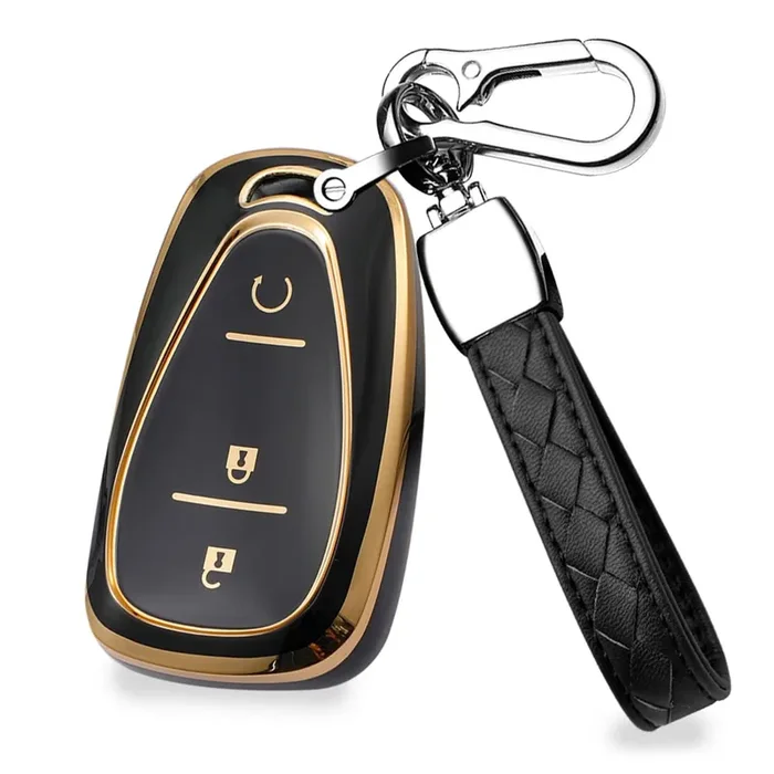 Hibeyo Tpu Smart 3 Button Key Fob Case For Chevrolet Equinox Cruze Trax Malibu Verano Traverse 2016-2018 Onix Cruze Sonic Camaro Volt Bolt Accessories With Keychain-Black