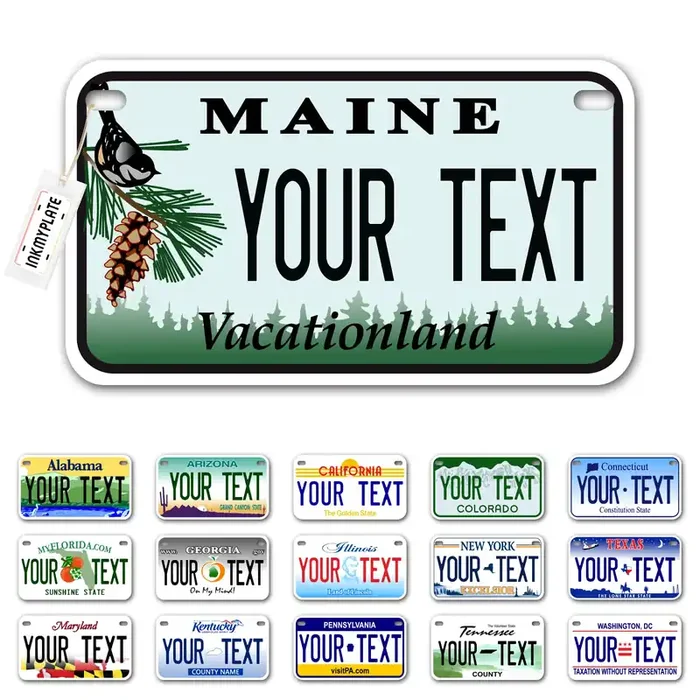 Inkmyplate Personalized Maine Small License Plate Motorcycle 7X4 In 3 Sizes Custom License Plates For Kids Bicycles Powe