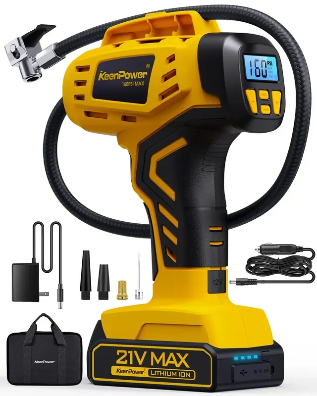 Keenpower Tire Inflator Portable Air Compressor – 2X Faster – 21V Rechargeable Battery Powered Handheld 160Psi Tire Inflator, Du