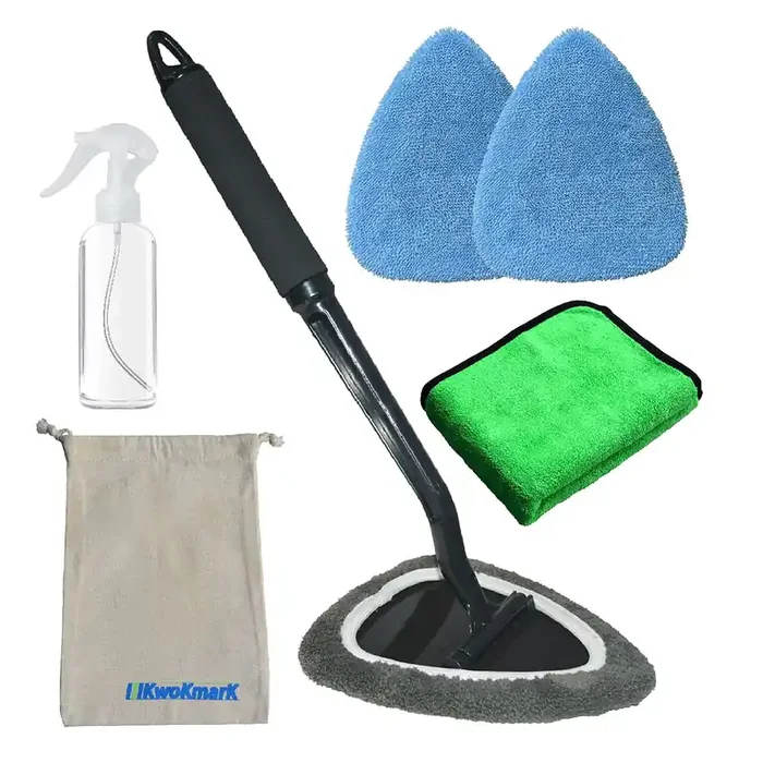 Kwokmark Windshield Cleaner Tool Car Window Cleaning Wand Glass Microfiber Brush Bigger Pad Thicker Softy Cloth, With Towel Spra
