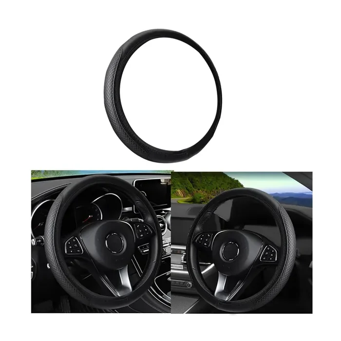 Leather Car Steering Wheel Cover For Men Women, Elastic, Breathable Anti-Slip, Universal 15 Inch, (Black1)