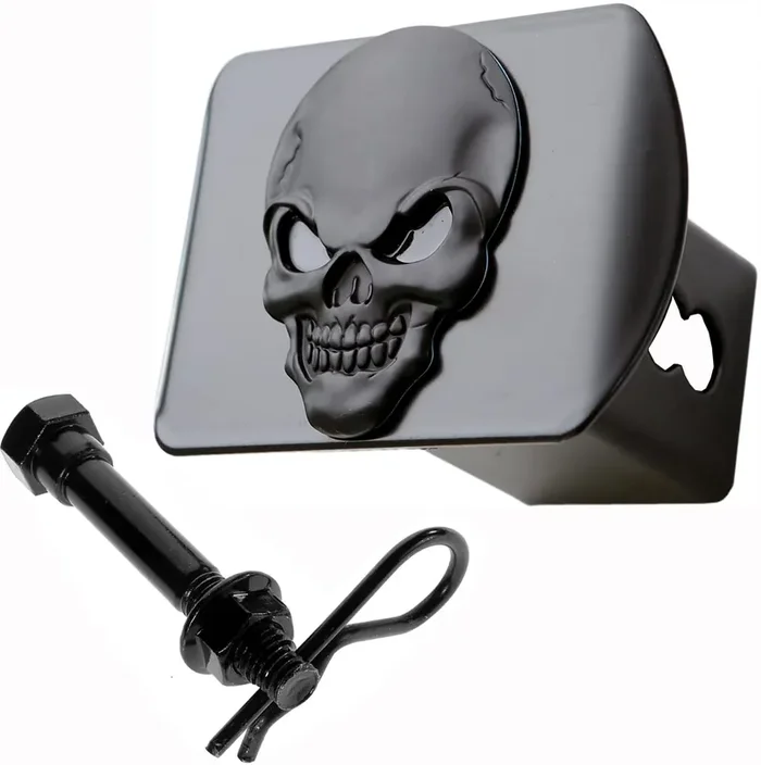 Lfparts 100% Metal Skull 3D Emblem Trailer Hitch Cover Fits 2‘‘ Receivers (Black On Black)