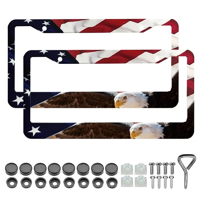 Lin Kang American Flag Eagle License Plate Frame Holder – 2 Pack Patriotic Universal Aluminum Matte Stripe Us Flag Gloss Car Pla