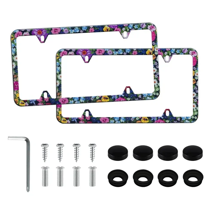 Livtee Flower Floral License Plate Frames, 4 Holes Stainless Steel License Plate Covers, 2Pcs Car License Plate Holder, Automoti